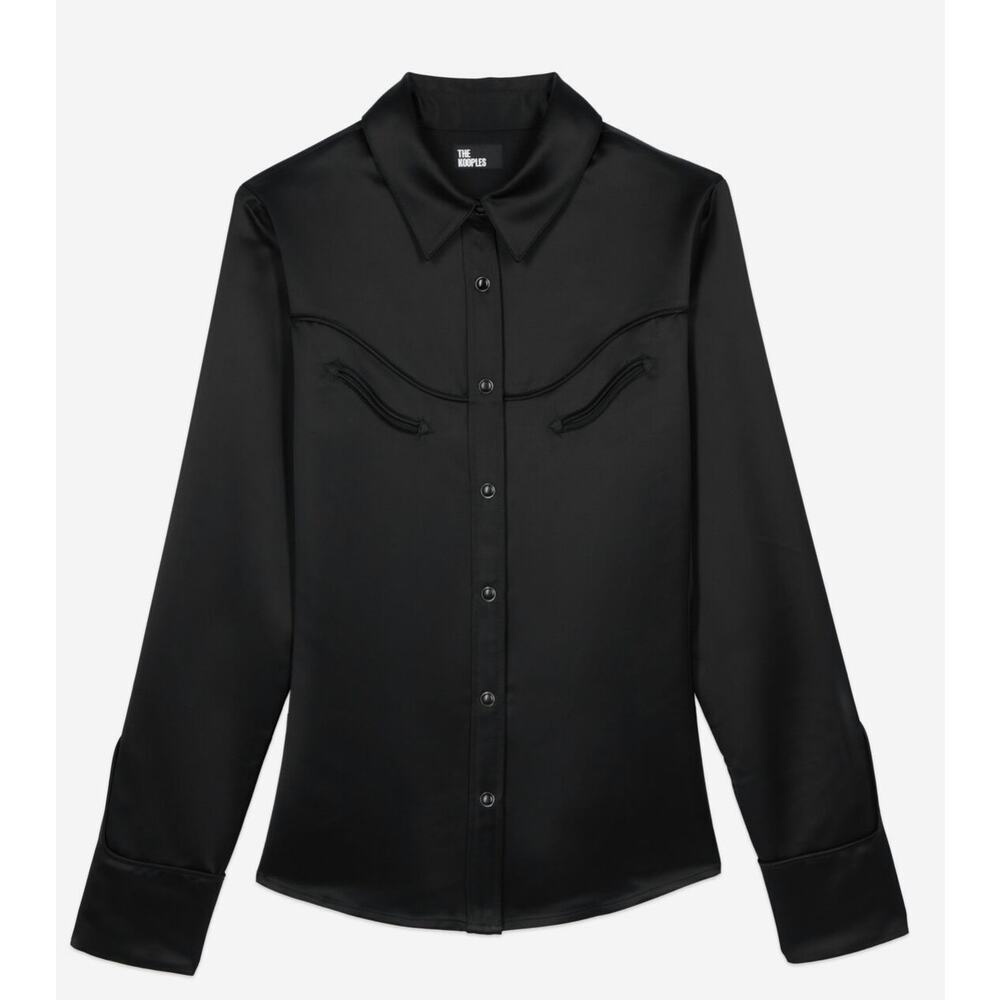 The Kooples Black Satin Button-Up Blouse